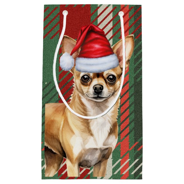 Bolsa De Regalo Pequeña Chihuahua Perro Red Green Plaid Navidades (Anverso)