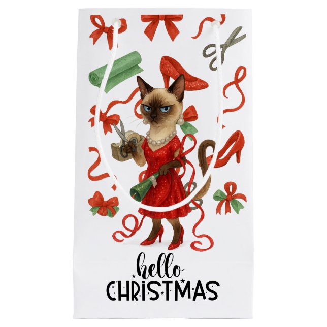 Bolsa De Regalo Pequeña Christmas Funny Glam Siamese Cat Holiday  (Anverso)