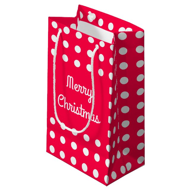Bolsa De Regalo Pequeña Clásica Feliz Navidad Texto Rojo Puntos de Polka B (Angulo Anverso)