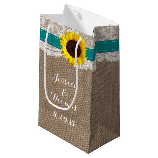 Bolsa De Regalo Pequeña Colección de Bodas de girasol rústico - Verde azul (Angulo Anverso)