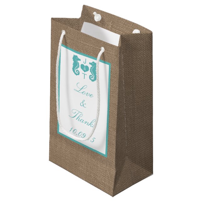 Bolsa De Regalo Pequeña Colección de Bodas Turquoise Seahorse Burlap Beach (Angulo Anverso)