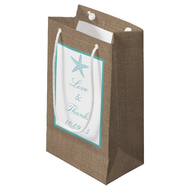 Bolsa De Regalo Pequeña Colección Turquoise Starfish Burlap Beach Wedding (Angulo Anverso)