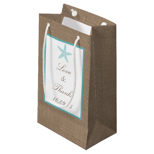 Bolsa De Regalo Pequeña Colección Turquoise Starfish Burlap Beach Wedding (Angulo Anverso)