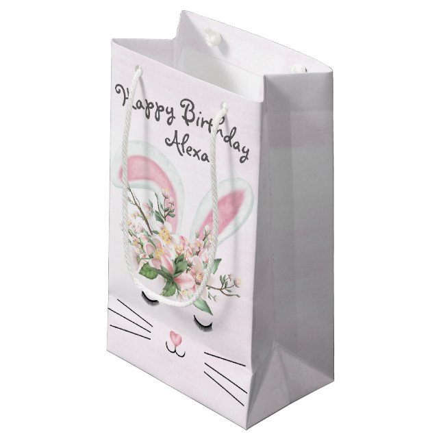 Bolsa De Regalo Pequeña Conejo de cumpleaños con flores en rosa (Angulo Anverso)