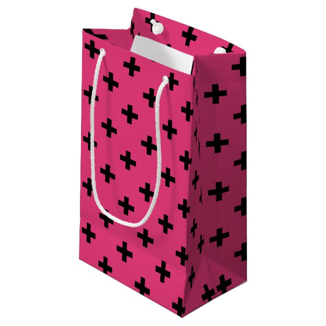 Bolsa De Regalo Pequeña Cruces de polka negra en fucsia (Angulo Anverso)