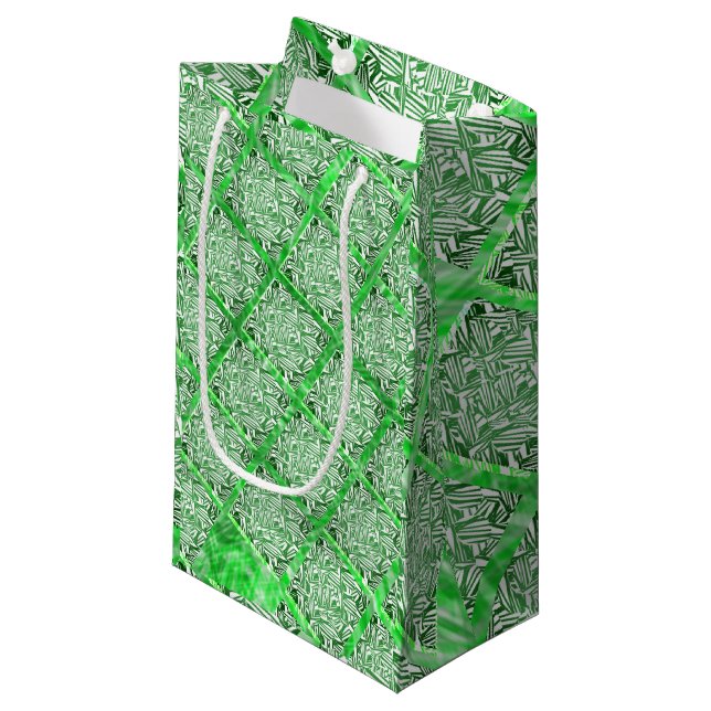 Bolsa De Regalo Pequeña Cuadrados, mosaico falso, follaje verde falso (Angulo Anverso)
