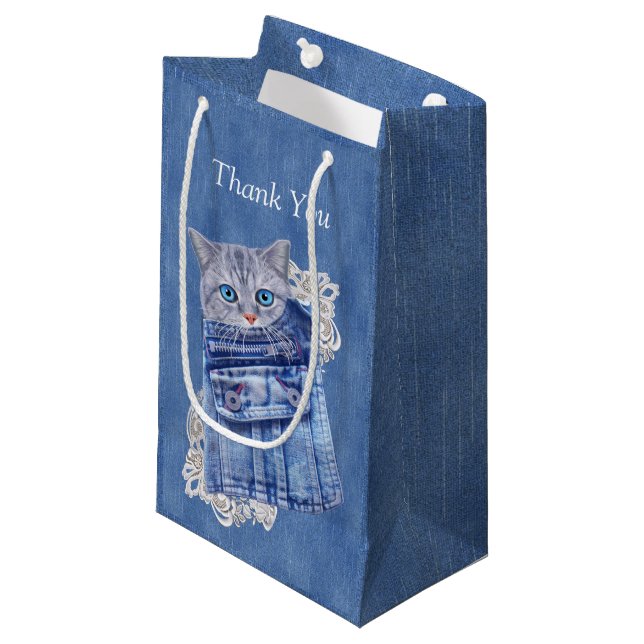 Bolsa De Regalo Pequeña Cubos de Denim Jean, gatitos y encaje (Angulo Anverso)