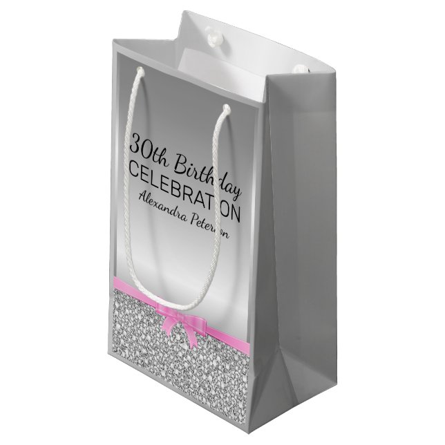 Bolsa De Regalo Pequeña Cumpleaños De Purpurinas Blancos Y Gris (Angulo Anverso)