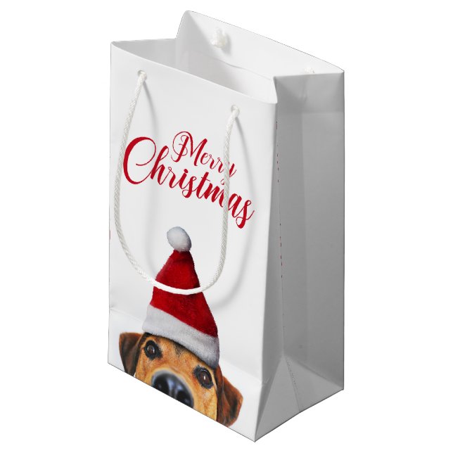 Bolsa De Regalo Pequeña Curioso perro gracioso con Santa Hat (Angulo Anverso)