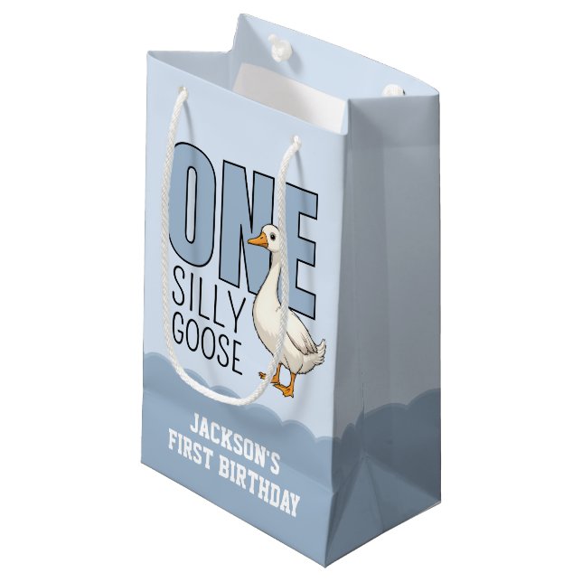 Bolsa De Regalo Pequeña Custom Modern Blue One Silly Goose First Birthday (Angulo Anverso)