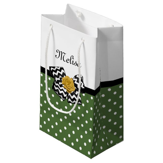 Bolsa De Regalo Pequeña Cute Green Dots Yellow Rose Chevron Bow and Name (Angulo Anverso)