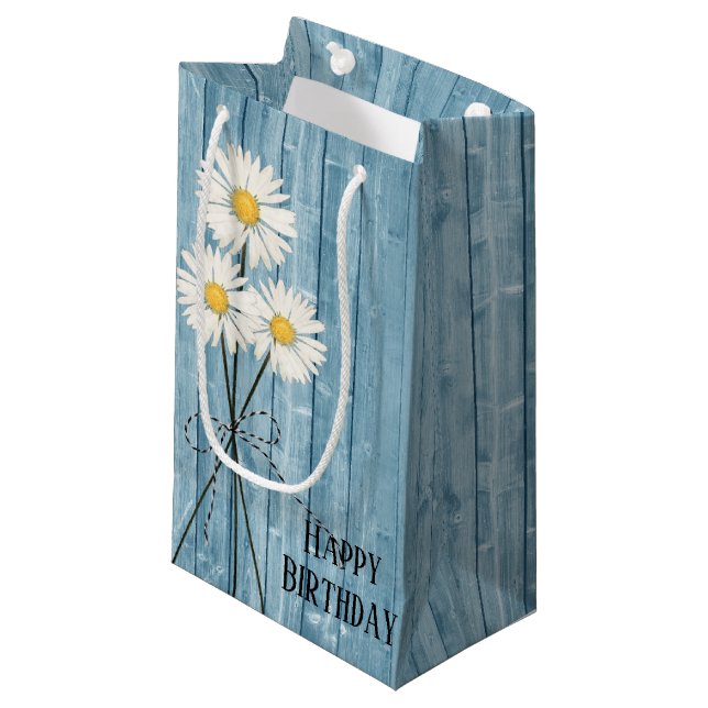 Bolsa De Regalo Pequeña Daisies De Cumpleaños En Madera Púrpura (Angulo Anverso)
