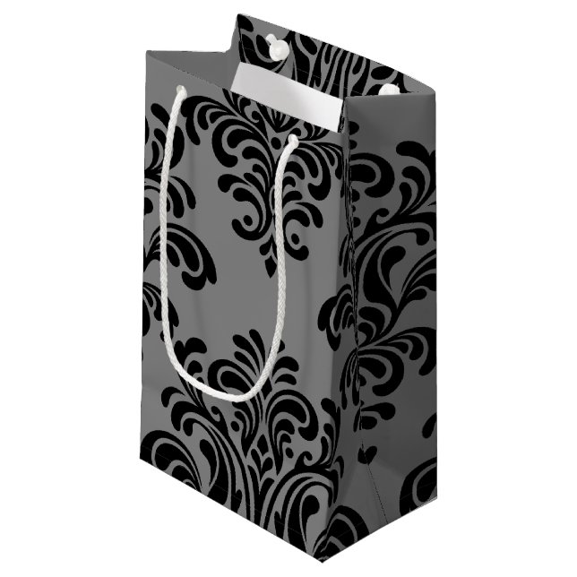 Bolsa De Regalo Pequeña Damasco negro sobre patrón gris (Angulo Anverso)