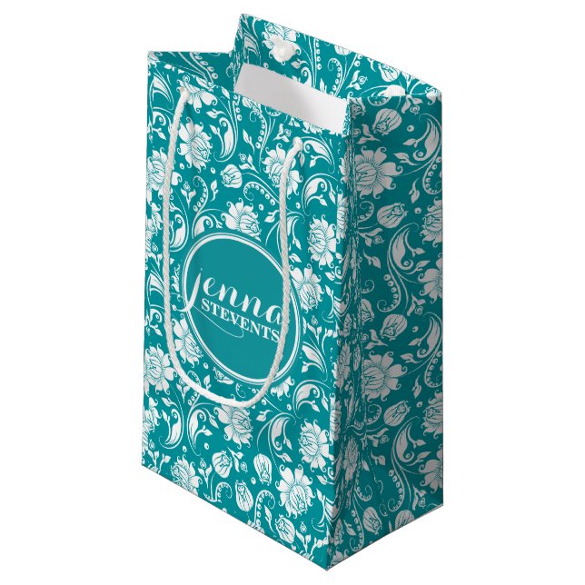 Bolsa De Regalo Pequeña Damascos florales azul-turquesa y blanco (Angulo Anverso)