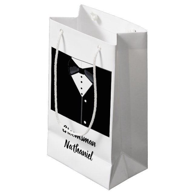 Bolsa de regalo pequeña de esmoquín negro personal (Angulo Anverso)