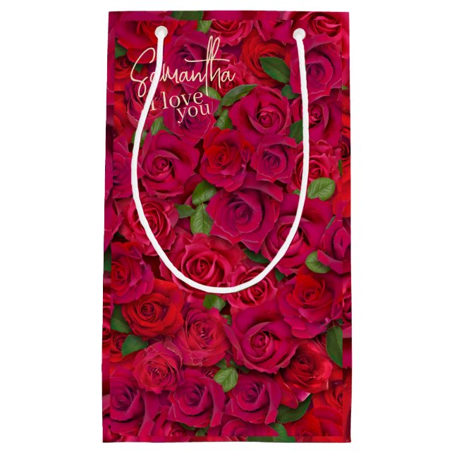 Bolsa De Regalo Pequeña Deep Red Rose Pattern I Love You With Custom Name (Anverso)