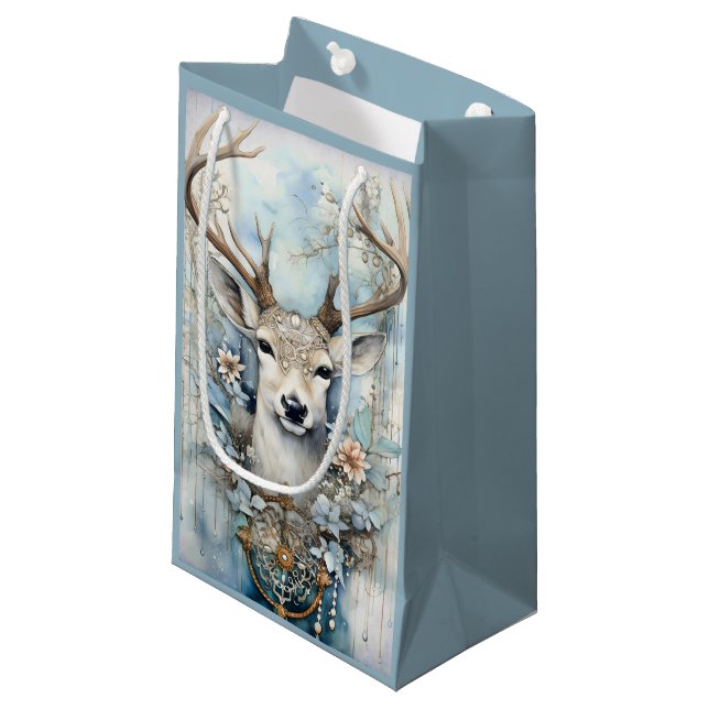 Bolsa De Regalo Pequeña Deer Azul Con Wreath Floral (Angulo Anverso)