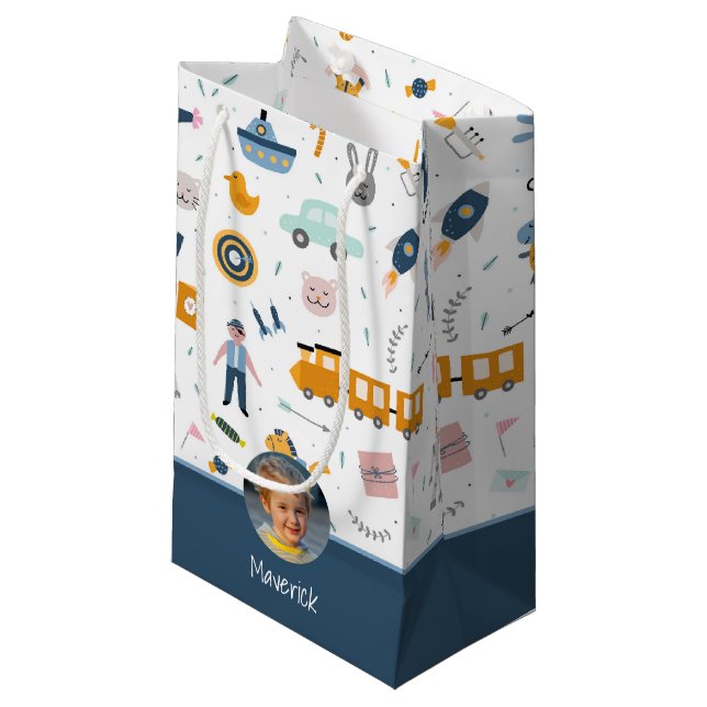 Bolsa De Regalo Pequeña Dibujo del patrón de niño y nombre niño azul (Angulo Anverso)