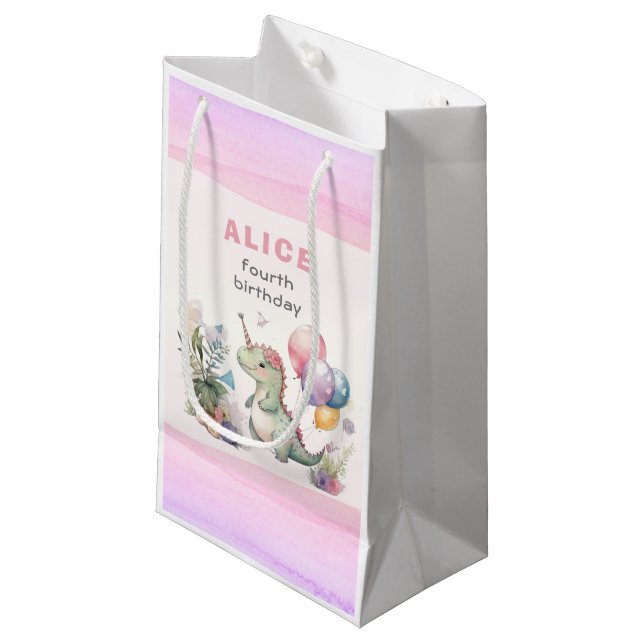 Bolsa De Regalo Pequeña Dino Fiesta Chica acuarela Pink Birday (Angulo Anverso)