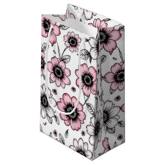 Bolsa De Regalo Pequeña Diseño de boceto de flores y hojas rosadas