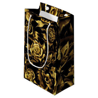 Bolsa De Regalo Pequeña diseño lujoso con rosas dorados en negro