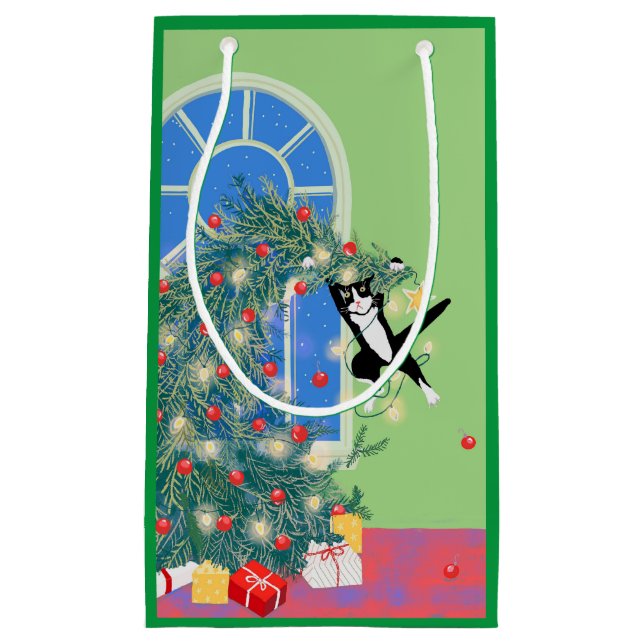 Bolsa De Regalo Pequeña Divertido árbol de Navidad Cat (Anverso)
