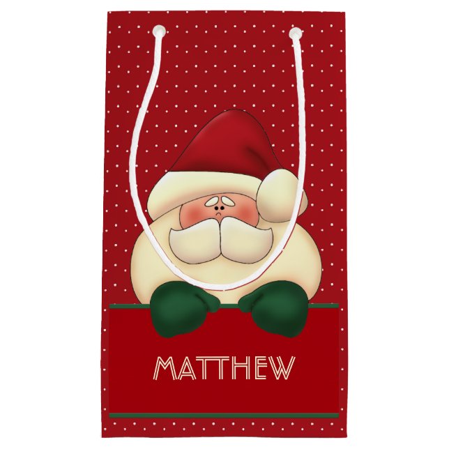Bolsa De Regalo Pequeña Dot de Polka Rojo Santa con Mitones Verdes y nombr (Anverso)