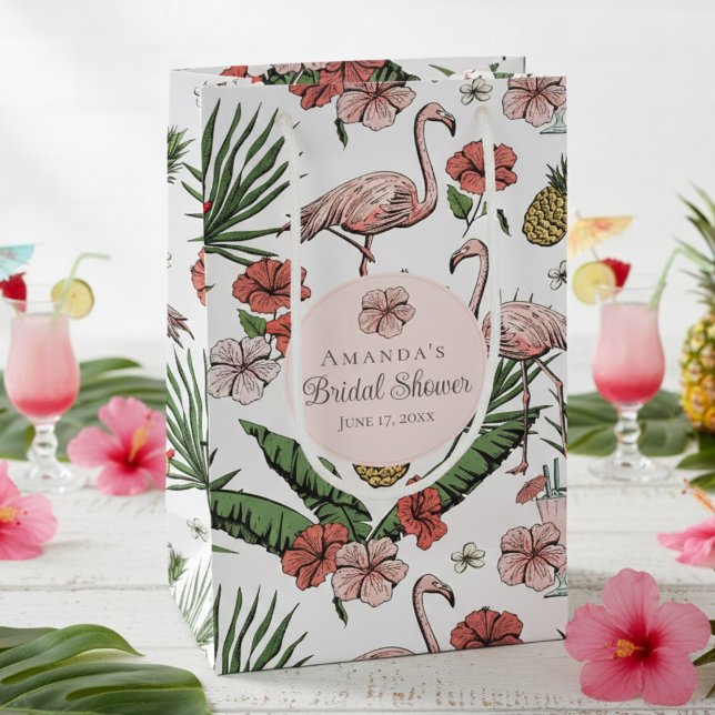 Bolsa De Regalo Pequeña Ducha de Novia de Flamenco Rosa Tropical y Hibisco (Chic White Tropical Floral Pink Flamingo, Hibiscus Flowers & Banana Leaves Bridal Shower Gift Bags)