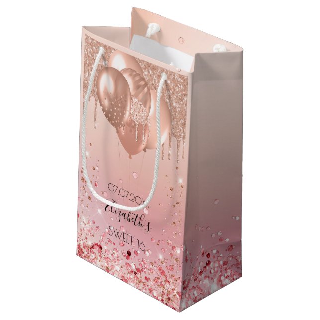 Bolsa De Regalo Pequeña Dulce globos dorados de 16 rosa rosado (Angulo reverso)