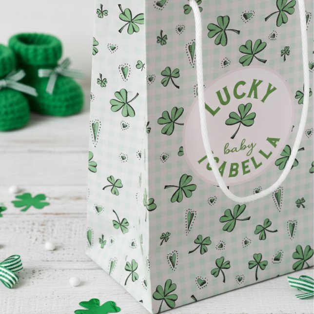 Bolsa De Regalo Pequeña El bebé afortunado Rosa y St Paddys verdes (Cute Irish Baby Shower Lucky Baby Shamrock Gift Bags in Pink and Green. Clover Heart Gingham Pattern)