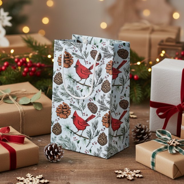 Bolsa De Regalo Pequeña El invierno azul claro encaramado el cardenal rojo (Elegant Red Cardinal Gift Bags. Rustic Cardinal Birds, Pinecones, Pine Winter Pattern in Light Blue.)