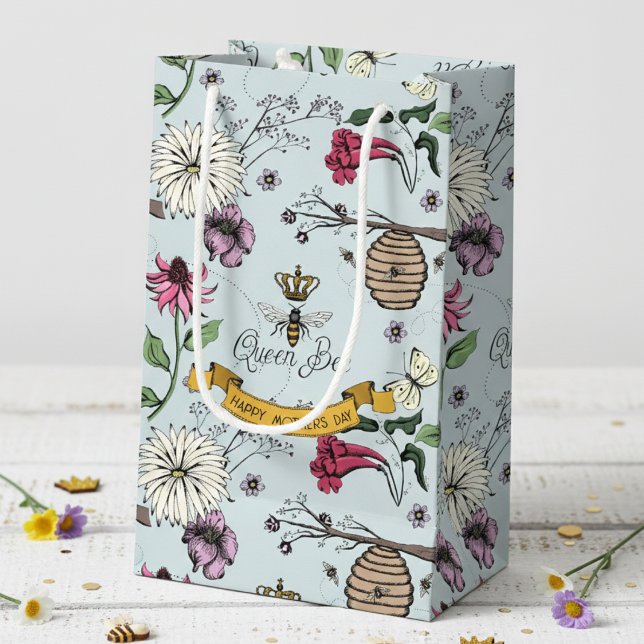 Bolsa De Regalo Pequeña Elegant Floral Beehive & Flowers Blue (Feminine Queen Bee & Beehhive Floral Gift Bags for Her. Elegant Pattern with Bees, Flowers & Daisy.)
