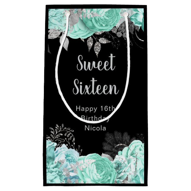 Bolsa De Regalo Pequeña Elegant Green and Silver Flowers Sweet Sixteen (Anverso)