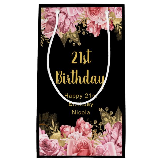 Bolsa De Regalo Pequeña Elegant Pink and Gold Flowers Birthday (Anverso)