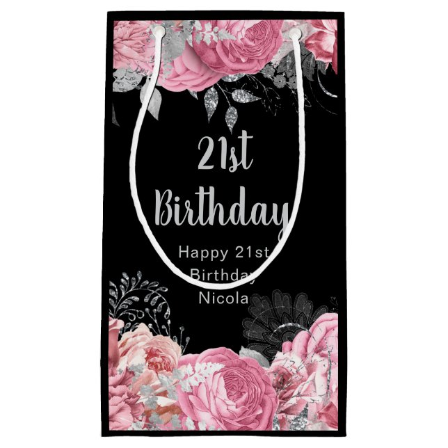 Bolsa De Regalo Pequeña Elegant Pink and Silver Flowers Birthday (Anverso)