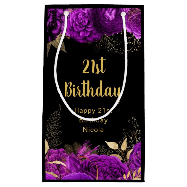 Bolsa De Regalo Pequeña Elegant Purple and Gold Flowers Birthday (Anverso)
