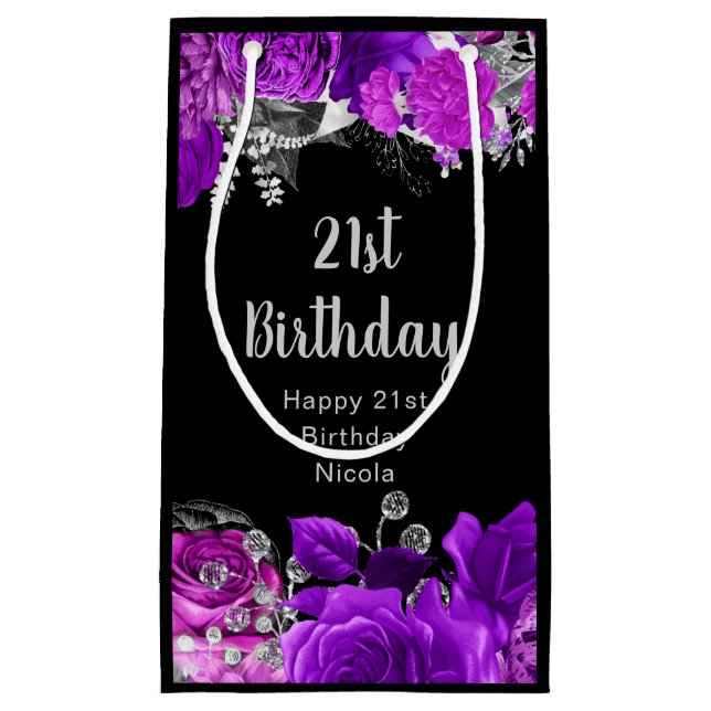 Bolsa De Regalo Pequeña Elegant Purple and Silver Flowers Birthday  (Anverso)