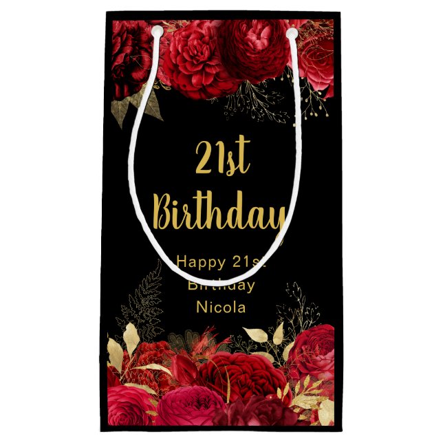 Bolsa De Regalo Pequeña Elegant Red and Gold Flowers Birthday (Anverso)