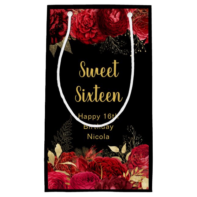 Bolsa De Regalo Pequeña Elegant Red and Gold Flowers Sweet Sixteen  (Anverso)