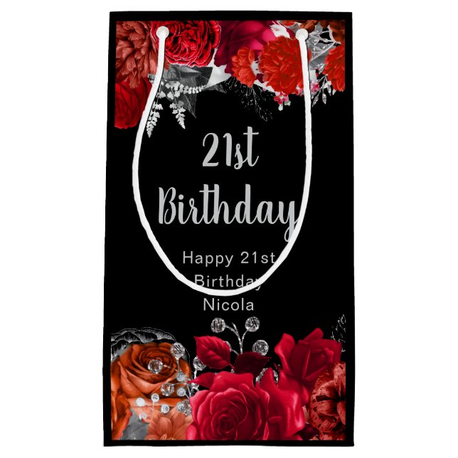 Bolsa De Regalo Pequeña Elegant Red and Silver Flowers Birthday (Anverso)