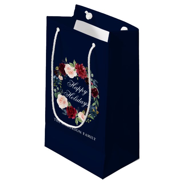 Bolsa De Regalo Pequeña Elegante acuarela Floral Wreath Felices Fiestas (Angulo Anverso)
