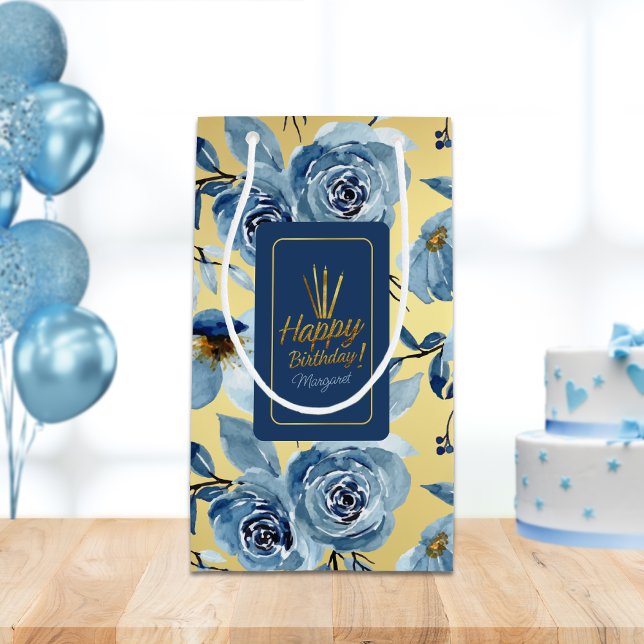 Bolsa De Regalo Pequeña Elegante Blue Floral Gold Happy Birthday Name (Subido por el creador)