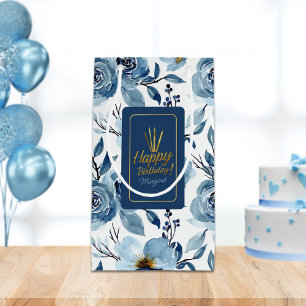 Bolsa De Regalo Pequeña Elegante Blue Floral White Happy Birthday Name