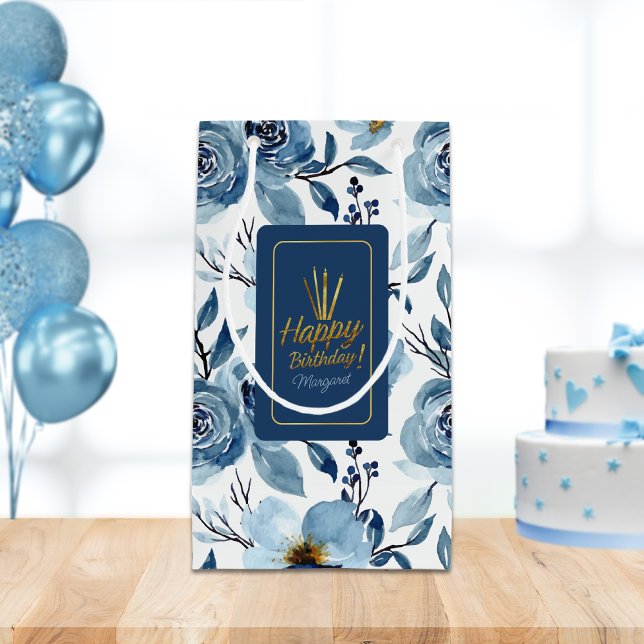 Bolsa De Regalo Pequeña Elegante Blue Floral White Happy Birthday Name (Subido por el creador)