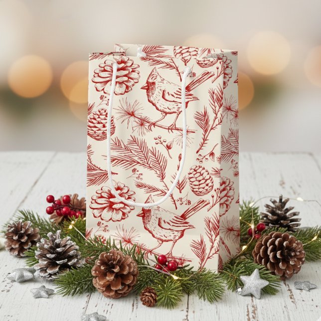 Bolsa De Regalo Pequeña Elegante cardenal rojo pájaro, pino y berries (Elegant Winter Cardinal Bird Gift Bags. Festive Red Bird, Pinecones, Pine Greenery & Berries Pattern)