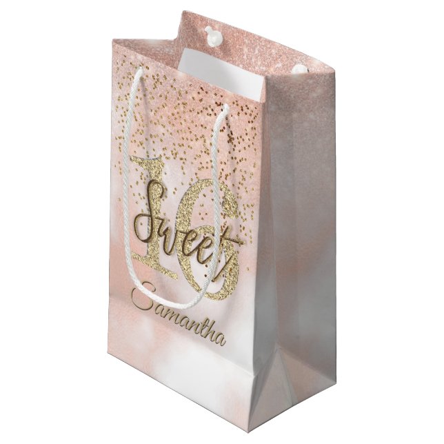 Bolsa De Regalo Pequeña Elegante dulce 16 cumpleaños Purpurina de oro rosa (Angulo Anverso)