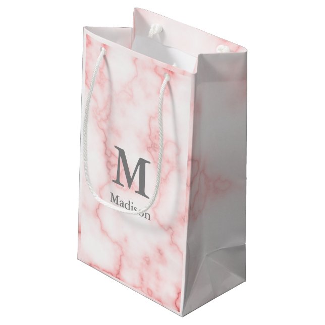 Bolsa De Regalo Pequeña Elegante Faux Pink Marble Gray Name and Monogram (Angulo reverso)