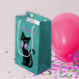 Bolsa De Regalo Pequeña Elegante Gato Negro Cumpleaños Ojos Verdes Lazo Bo