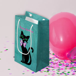 Bolsa De Regalo Pequeña Elegante Gato Negro Cumpleaños Ojos Verdes Lazo Bo