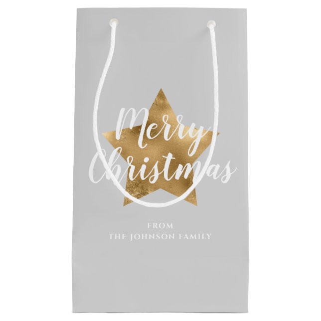 Bolsa De Regalo Pequeña Elegante Gray Faux Gold Star Feliz Navidad (Anverso)